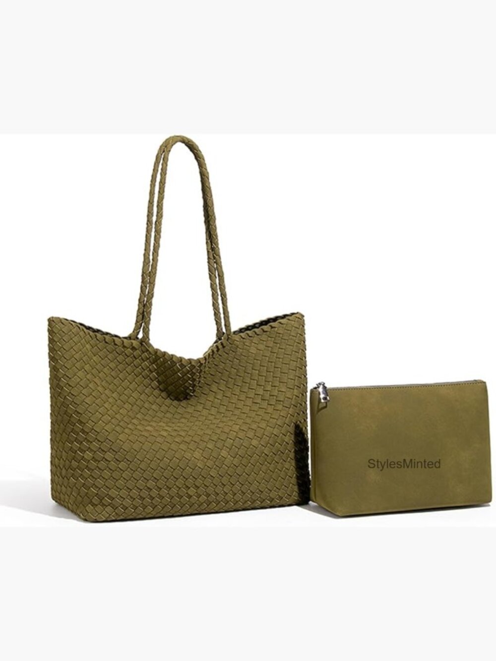 Handwoven Faux Suede Tote Set with Matching Pouch, Soft Shoulder Bag